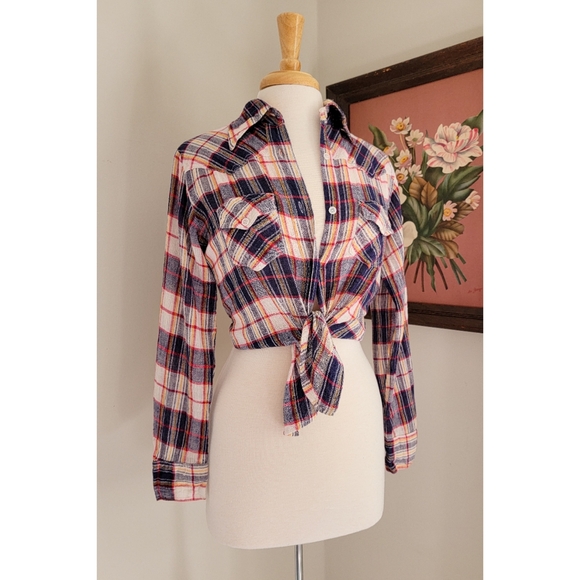 70s Plaid Cotton Gauze Long Sleeve 1970s Vintage Button Down India Cotton Blouse - Picture 2 of 15